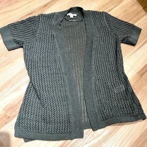 Green short sleeve knit cardigan cottagecore open weave earthy boho fishnet